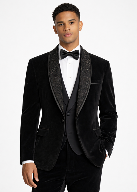 Slim Fit Black Velvet Embroidered Detachable Lapel Tuxedo