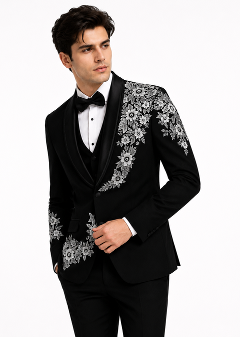 Black Tuxedo With White Floral Embroidery