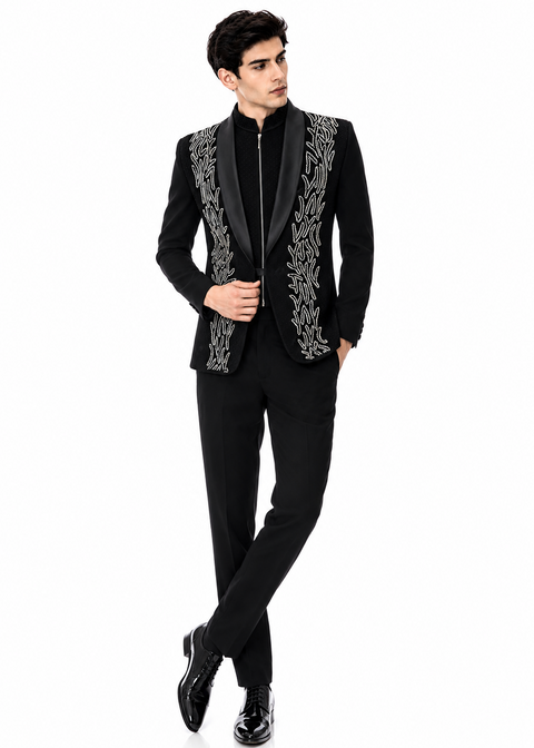 Silver Embroidered Asymmetric Tuxedo Suit in Black