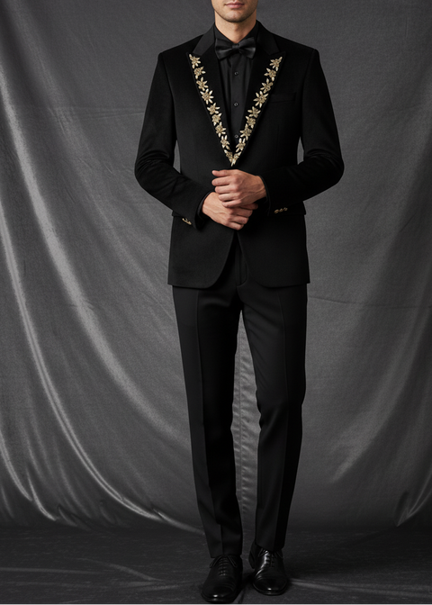 Slim Fit Black Velvet Blazer Suit with Zardozi Floral Embroidery