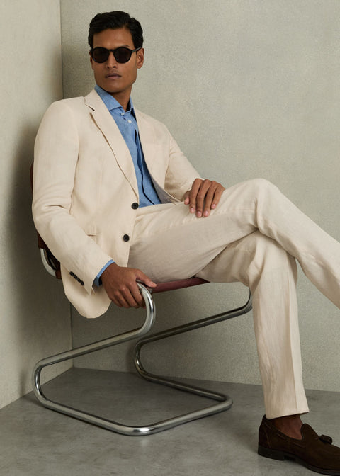 Slim Fit Single Breasted Linen Blazer in Stone