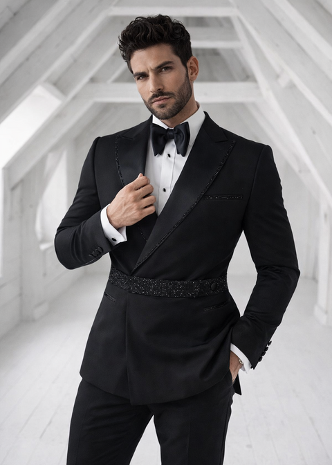 Black Contrast Lapel Embroidered Double Breasted Tuxedo Suit