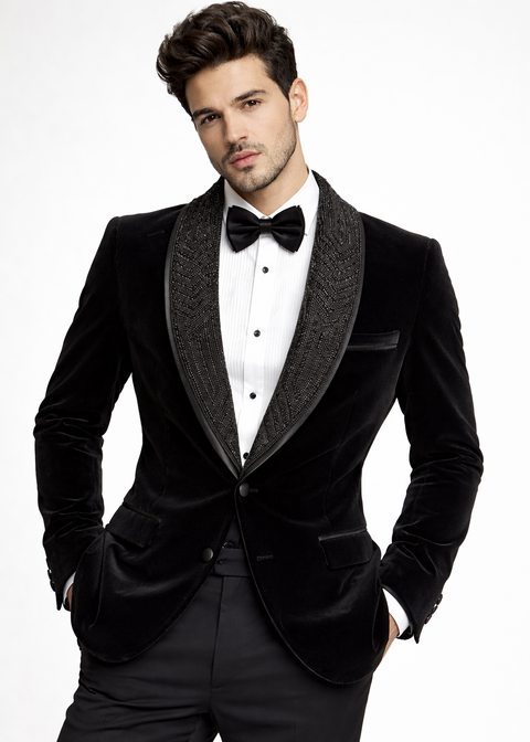 Slim Fit Black Velvet Embroidered Detachable Lapel Tuxedo