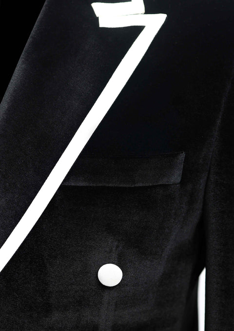 Black Velvet Double Breasted Tuxedo Dinner Jacket with White Contrast