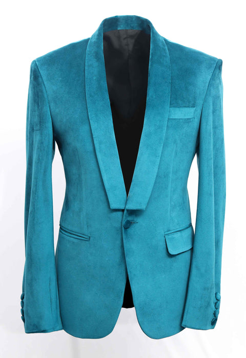 Slim Teal Blue Velvet Shawl Lapel Blazer
