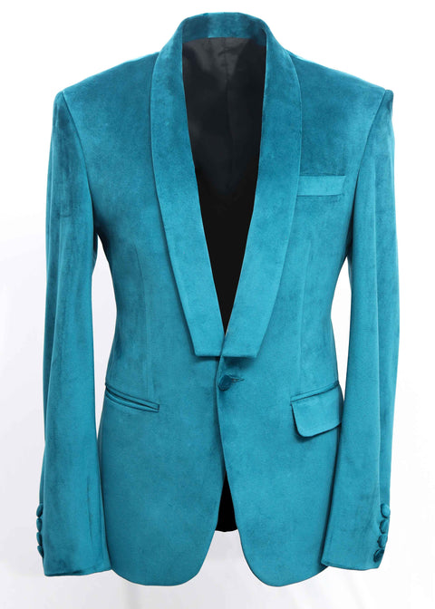 Slim Teal Blue Velvet Shawl Lapel Blazer