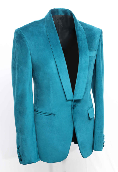 Slim Teal Blue Velvet Shawl Lapel Blazer
