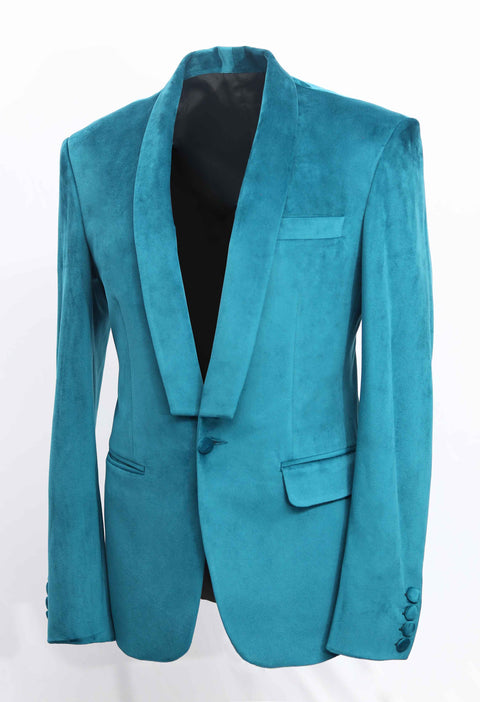 Slim Teal Blue Velvet Shawl Lapel Blazer