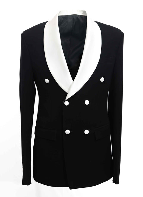 Black Double Breasted Blazer With White Shawl Lapel
