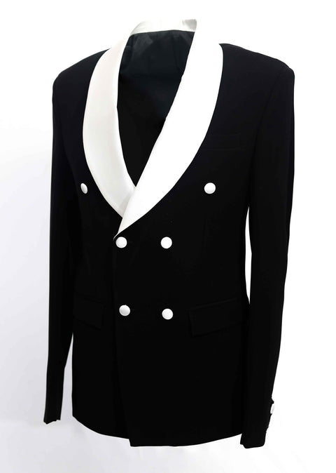 Black Double Breasted Blazer With White Shawl Lapel