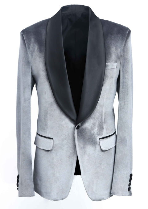 Grey Velvet Shawl Collar Tuxedo Blazer