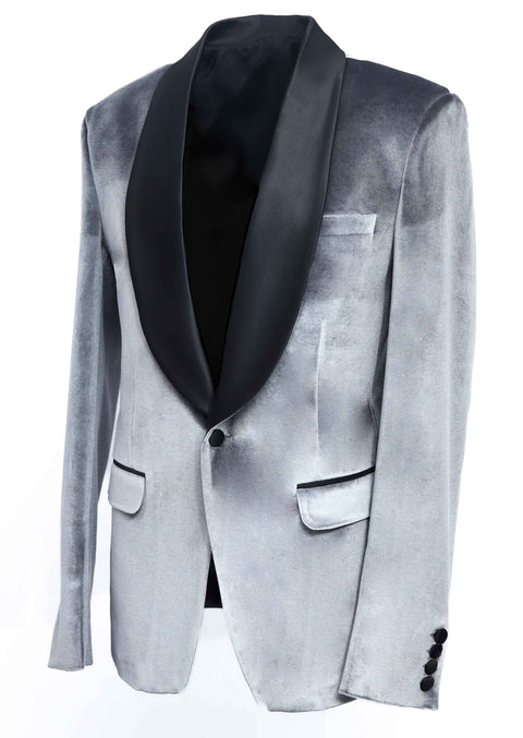 Grey Velvet Shawl Collar Tuxedo Blazer