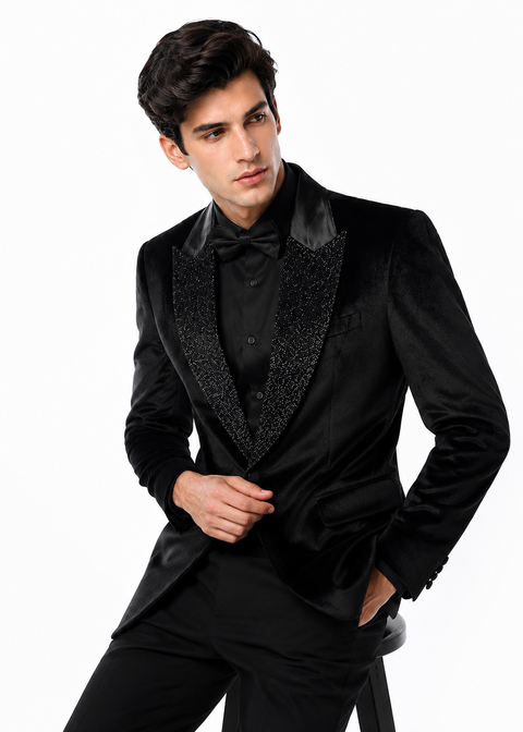 Midnight Black Velvet Tuxedo with Beaded Lapels