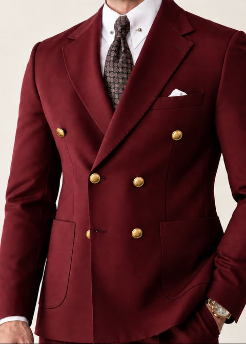 Burgundy Double Breasted Suit with Gold Buttons