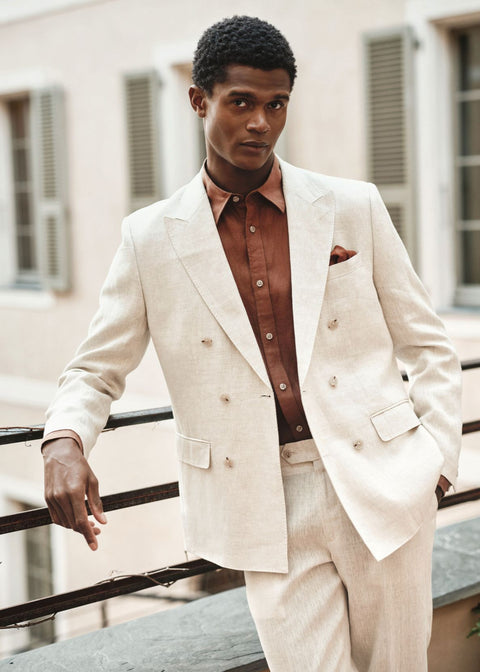 Slim Fit Beige Double Breasted Linen Suit