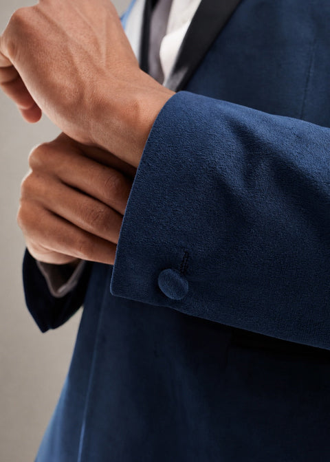 Navy Blue Velvet Tuxedo Suit with Black Satin Lapels