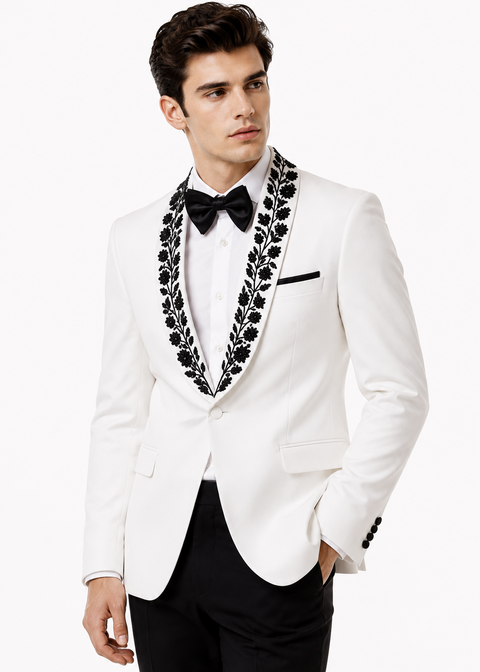 White Floral Cutdana Embroidered Tuxedo
