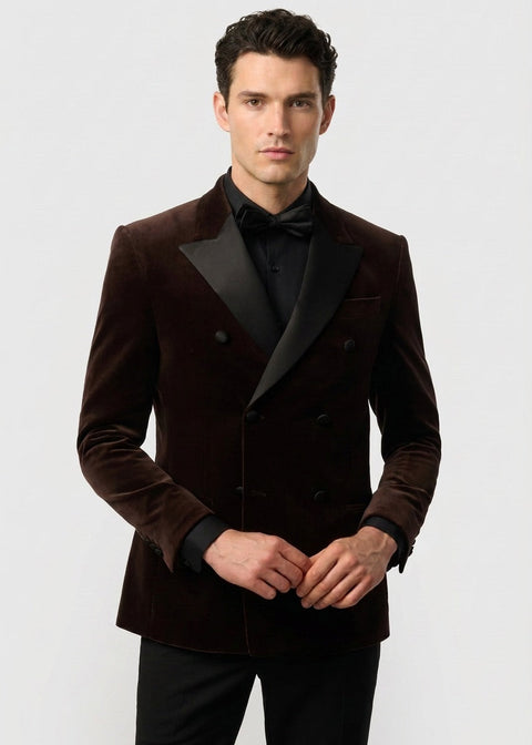 Brown Velvet Double Breasted Tuxedo Blazer