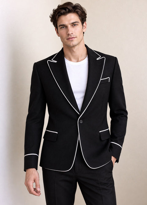 Black Slim Fit Blazer with White Contrast Piping
