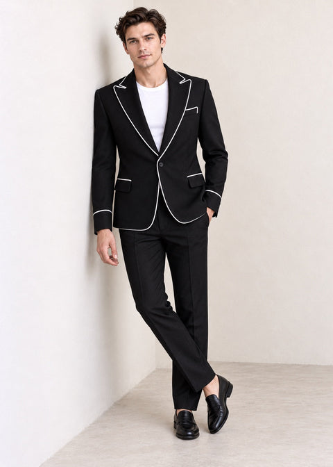 Black Slim Fit Blazer with White Contrast Piping