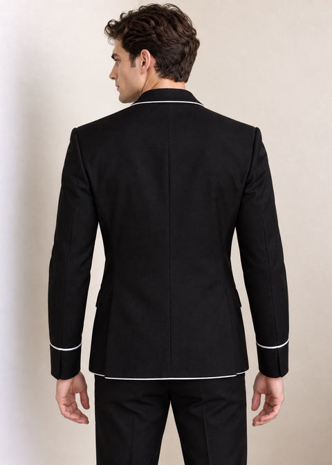Black Slim Fit Blazer with White Contrast Piping