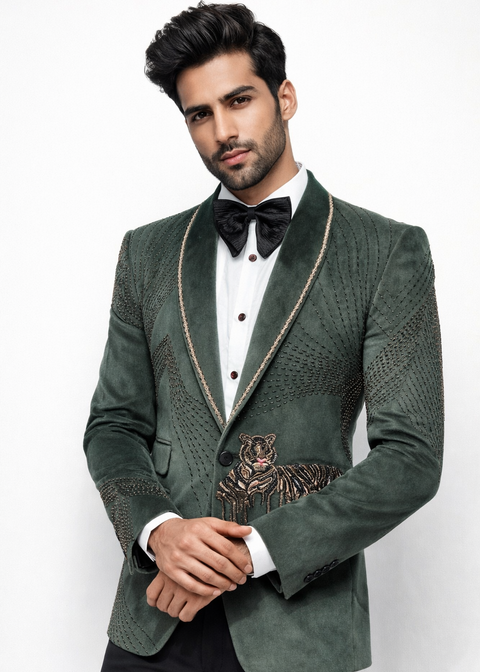Slim Fit Olive Green Tiger Embroidered Tuxedo Suit