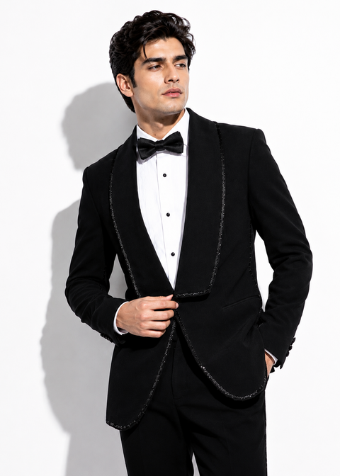 Black Shawl Lapel Contrast Embellished Tuxedo