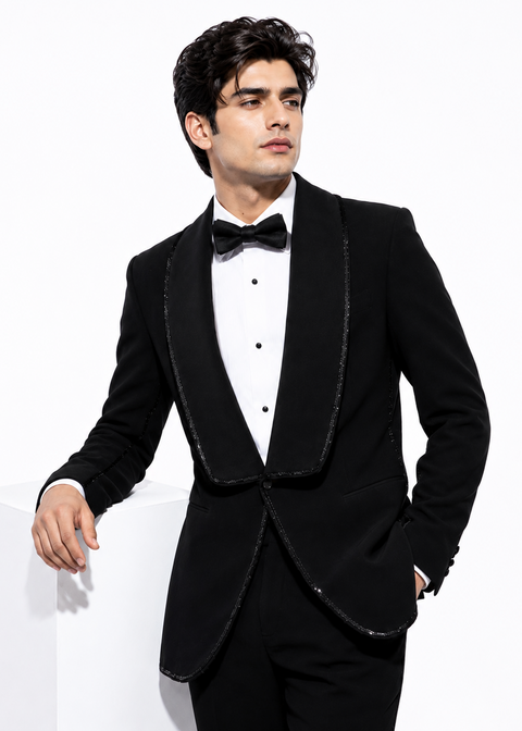 Black Shawl Lapel Contrast Embellished Tuxedo