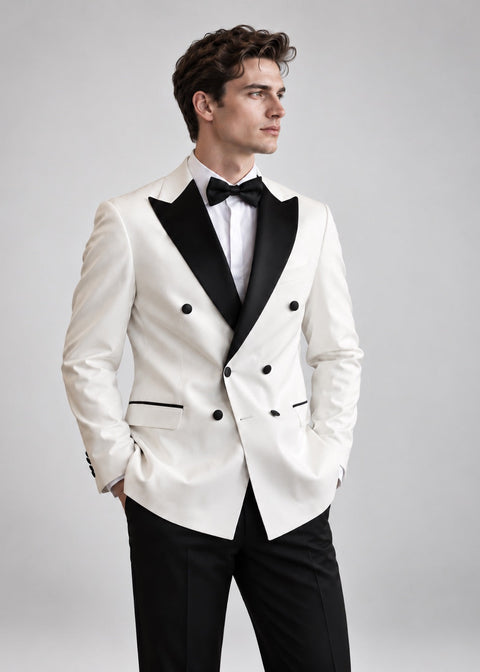 White Double Breasted Tuxedo Blazer Suit with Satin Lapel