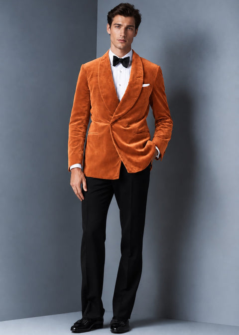 Rust Velvet Double Breasted Tuxedo Blazer