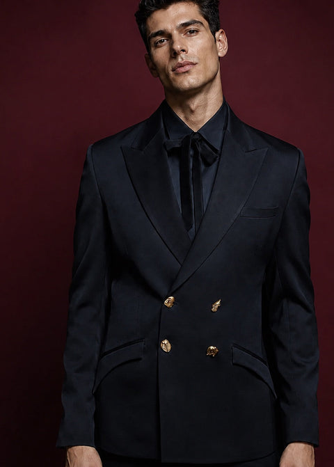 Classic Slim Black Double Breasted Suit with Gold Buttons