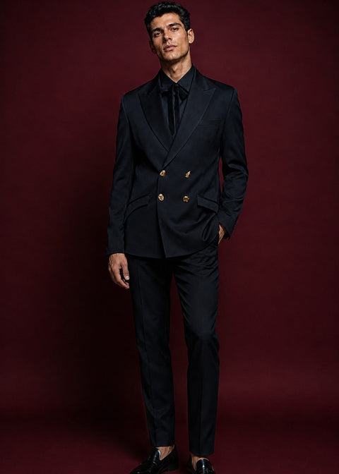 Classic Slim Black Double Breasted Suit with Gold Buttons