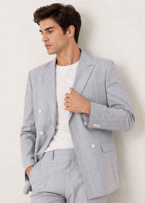 Slim Fit Light Grey Striped Double Breasted Suit