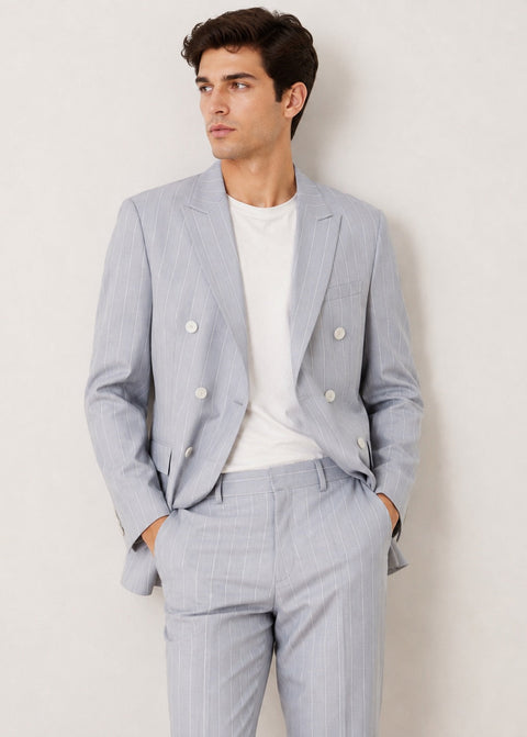 Slim Fit Light Grey Striped Double Breasted Suit