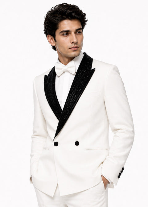 White Double Breasted Sequin Lapel Suit