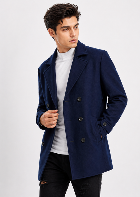 Notch Lapel Double Breasted Overcoat in Blue