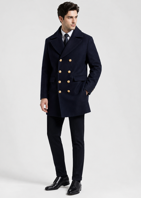 Navy Double Breasted Overcoat with Gold Buttons
