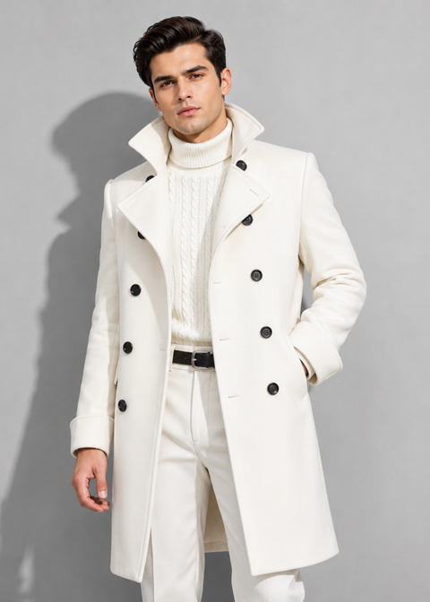 White Double Breasted Slim Overcoat