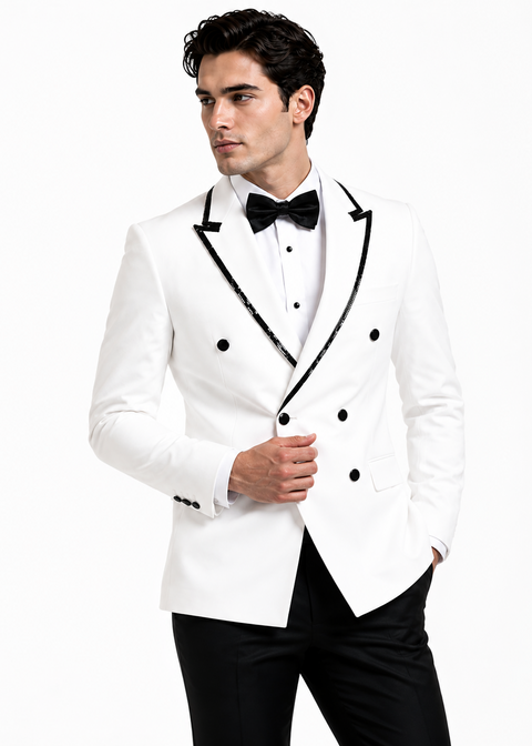 White Sequin Contrast Lapel Double Breasted Blazer