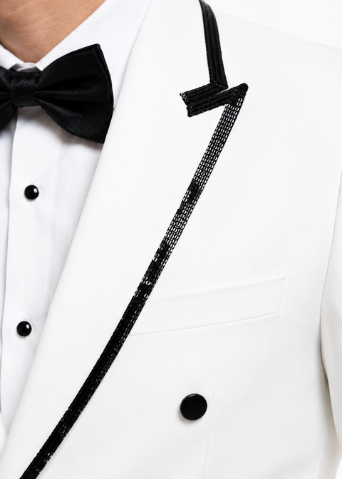 White Sequin Contrast Lapel Double Breasted Blazer