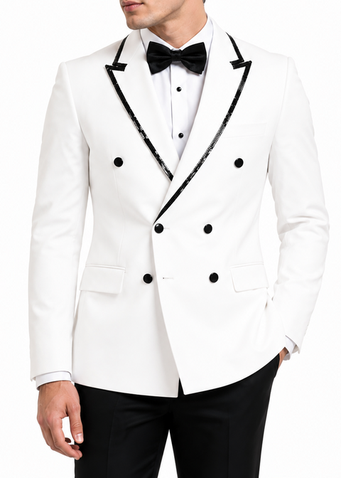 White Sequin Contrast Lapel Double Breasted Blazer
