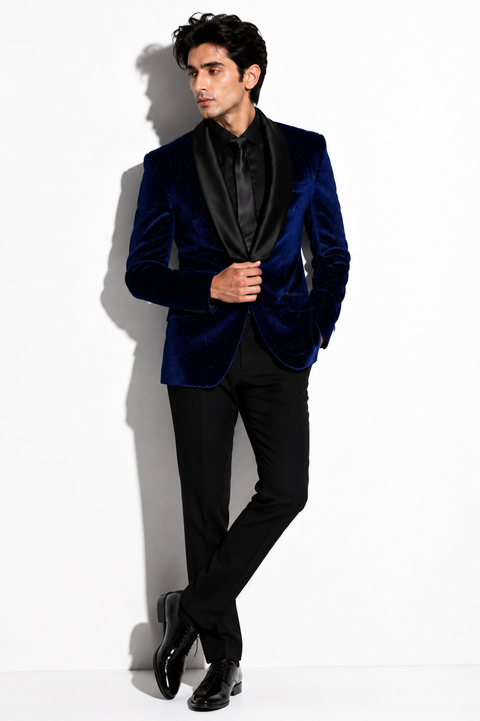 Slim Fit Blue Shawl Lapel Velvet Tuxedo Blazer