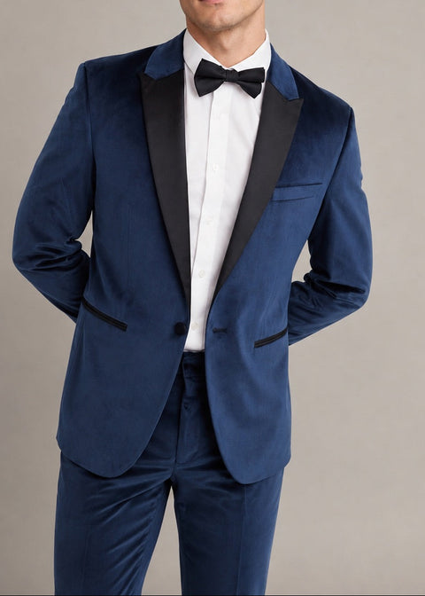 Navy Blue Velvet Tuxedo Suit with Black Satin Lapels