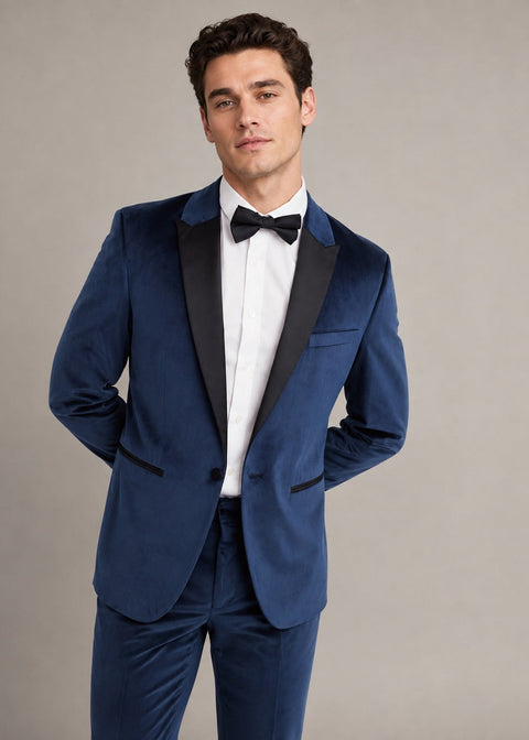 Navy Blue Velvet Tuxedo Suit with Black Satin Lapels