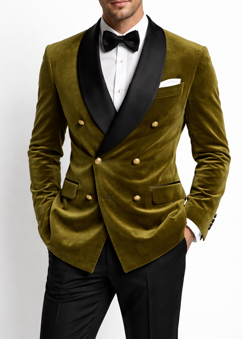 Olive Double Breasted Velvet Tuxedo Blazer