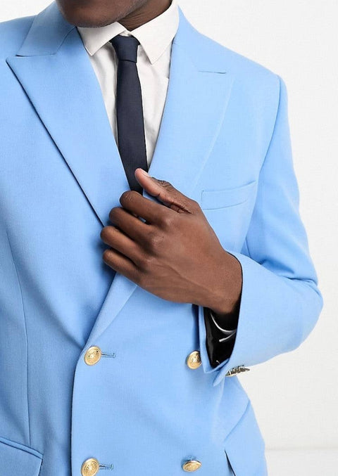 Wedding Double Breasted Blazer With Gold Buttons in Blue