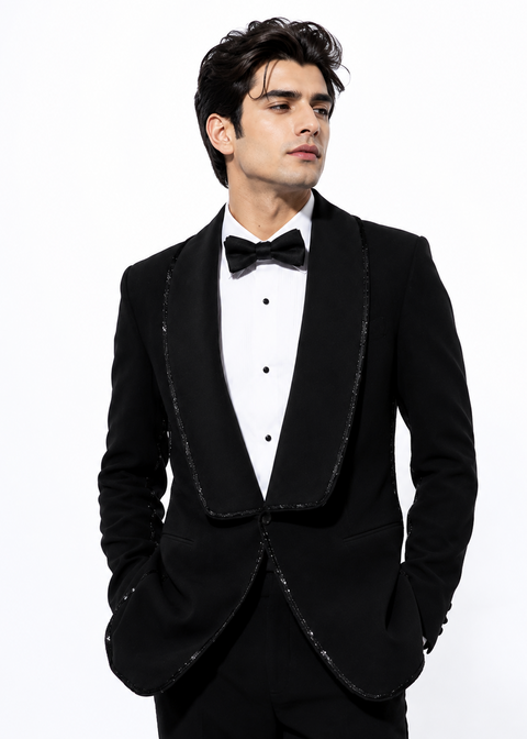 Black Shawl Lapel Contrast Embellished Tuxedo