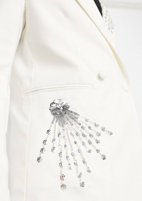 Slim Fit White Double Breasted Embroidered Blazer