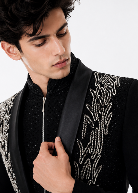Silver Embroidered Asymmetric Tuxedo Suit in Black