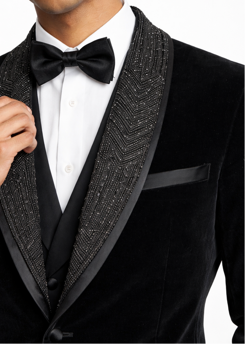 Slim Fit Black Velvet Embroidered Detachable Lapel Tuxedo